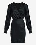 Express Women's Metallic V-Neck Long Sleeve Wrap Mini Dress in Pitch Black