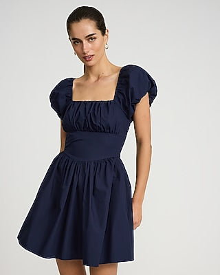 Express Women's Poplin Square Neck Puff Sleeve Corset Mini Dress With Pockets in Indigo Blue