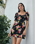 Express Women's Floral Ruffle Sweetheart Puff Sleeve Mini Dress in Multi