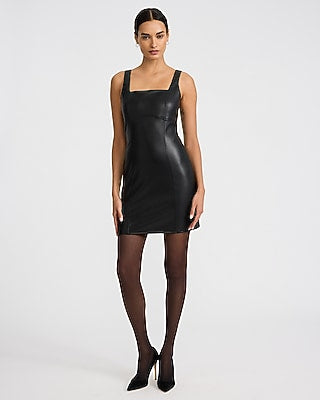 Express Women's Faux Leather Square Neck Sleeveless Seamed Mini Dress in Pitch Black
