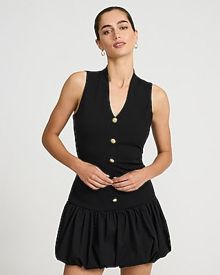 Express Women's V-Neck Novelty Button Mini Bubble Dress in Pitch Black