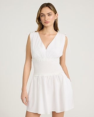 Express Women's Cotton Poplin V-Neck Smocked Waist Mini Dress With Pockets in White Small