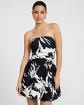 Express Women's Cotton Poplin Printed Drop Waist Bubble Hem Mini Dress With Pockets in B&w Print