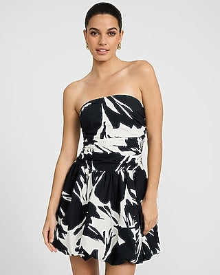 Express Women's Cotton Poplin Printed Drop Waist Bubble Hem Mini Dress With Pockets in B&w Print