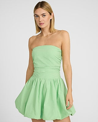 Express Women's Poplin Strapless Drop Waist Bubble Hem Mini Dress With Pockets in Green Small