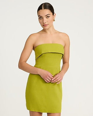 Express Women's Summer-Blend Linen Fold Over Strapless Mini Tube Dress in Green Small
