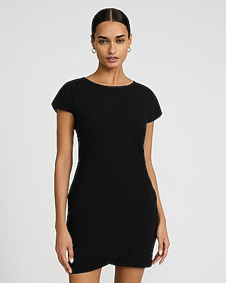 Express Women's Crepe Crew Neck Ruched Wrap Mini Dress in Pitch Black