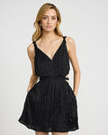 Express Women's Satin Textured Printed V-Neck Cutout Mini Dress With Pockets in Black Small