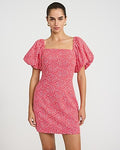 Express Women's Printed Linen-Blend Puff Sleeve Smocked Back Mini Dress in Red Print