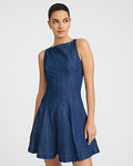 Express Women's Denim Boat Neck Sleeveless Fit & Flare Mini Dress With Pockets in Dark Wash