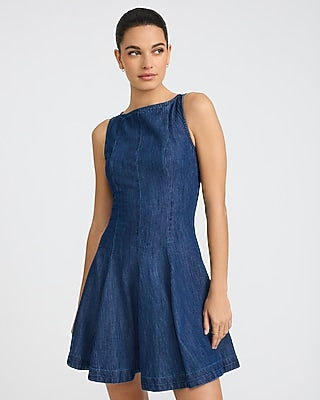Express Women's Denim Boat Neck Sleeveless Fit & Flare Mini Dress With Pockets in Dark Wash
