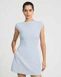 Express Women's Crepe Mock Neck Cap Sleeve Back Cutout Mini Dress With Pockets in Light Blue