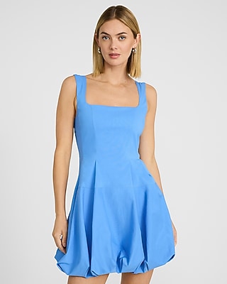Express Women's Square Neck Sleeveless Bubble Mini Dress With Pockets in French Blue