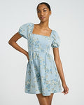 Express Women's Denim Floral Puff Sleeve Smocked Back Mini Dress in Light Wash