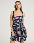Express Women's Floral Square Neck Seamed Mini Fit And Flare Dress in Blue Print
