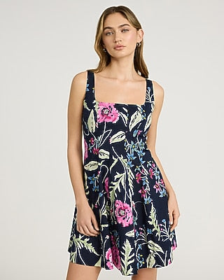Express Women's Floral Square Neck Seamed Mini Fit And Flare Dress in Blue Print