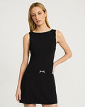 Express Women's Crepe Boat Neck Sleeveless Belted Mini Dress in Pitch Black
