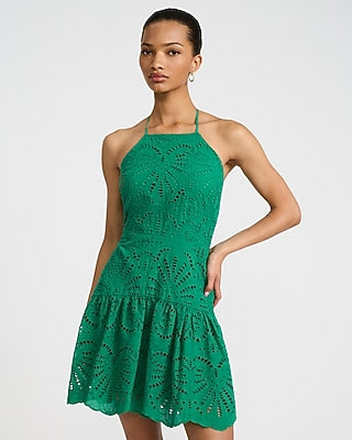 Express Women's Eyelet Tie Halter Drop Waist Smocked Back Mini Dress in Emerald