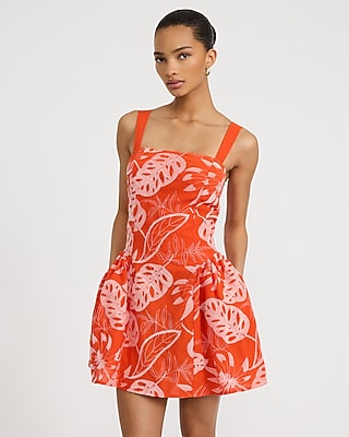 Express Women's Embroidered Square Neck Drop Waist Mini Dress With Pockets in Orange