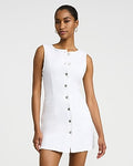 Express Women's Stretch Denim Crew Neck Button Front Mini Dress in White Small