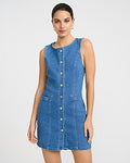 Express Women's Stretch Denim Crew Neck Button Front Mini Dress in Medium Wash