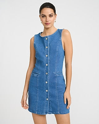 Express Women's Stretch Denim Crew Neck Button Front Mini Dress in Medium Wash