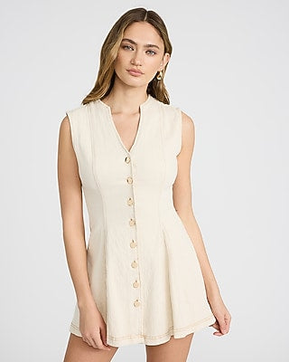Express Women's Stretch Denim V-Neck Sleeveless Button Front Mini Dress in Neutral Small