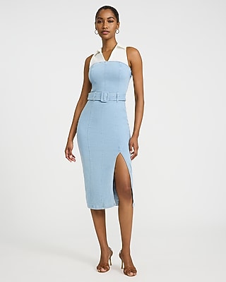 Express Women's Stretch Denim Mixed Media Belted Midi Dress in Blue Small