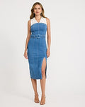 Express Women's Stretch Denim Mixed Media Belted Midi Dress in Medium Wash