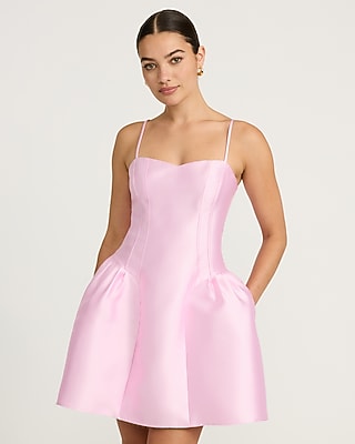 Express Women's Satin Sweetheart Drop Waist Smocked Back Mini Dress With Pockets in Pink Lady