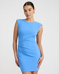 Express Women's Crepe Crew Neck Cap Sleeve Ruched Mini Dress in Blue Small