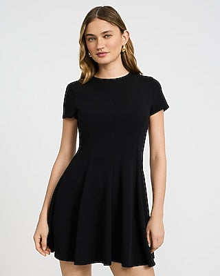Express Women's Crepe Crew Neck Seamed Mini Fit And Flare Dress With Pockets in Black Small
