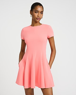 Express Women's Crepe Crew Neck Seamed Mini Fit And Flare Dress With Pockets in Pink Small