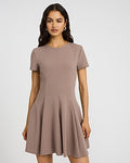 Express Women's Crepe Crew Neck Seamed Mini Fit And Flare Dress With Pockets in Brown Small