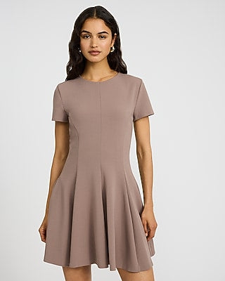 Express Women's Crepe Crew Neck Seamed Mini Fit And Flare Dress With Pockets in Brown Small