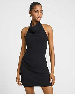 Express Women's Crepe Halter Cowl Neck Open Back Mini Dress in Black Small