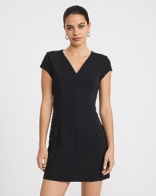 Express Women's Crepe Notch Crew Neck Short Sleeve Seamed Mini Dress in Pitch Black