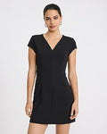 Express Women's Crepe Notch Crew Neck Short Sleeve Seamed Mini Dress in Black Small