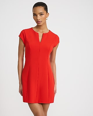 Express Women's Crepe Notch Crew Neck Short Sleeve Seamed Mini Dress in Red Small