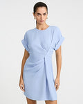 Express Women's Satin Crew Neck Short Sleeve Twist Front Mini Fit And Flare Dress in Light Blue
