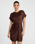 Express Women's Satin Crew Neck Short Sleeve Twist Front Mini Dress in Rich Mocha