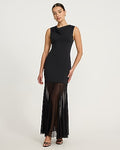 Express Women's Mixed Media Cowl Neck Sheer Hem Maxi Dress in Pitch Black