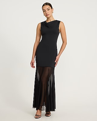 Express Women's Mixed Media Cowl Neck Sheer Hem Maxi Dress in Pitch Black