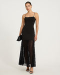 Express Women's Mixed Media Square Neck Lace Hem Maxi Dress in Pitch Black