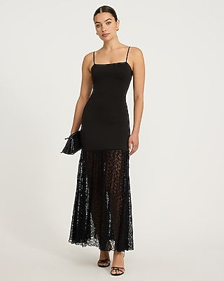 Express Women's Mixed Media Square Neck Lace Hem Maxi Dress in Pitch Black