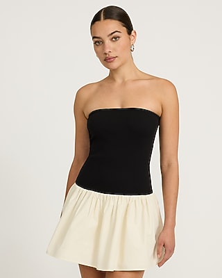 Express Women's Stretch Cotton Color Block Mixed Media Drop Waist Mini Dress in Pitch Black