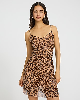 Express Women's Leopard Mesh V-Neck Ruched Drop Waist Mini Dress Small