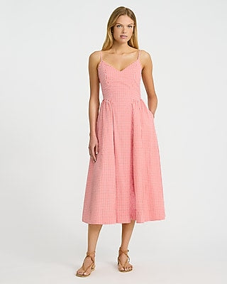 Express Women's Gingham Poplin Drop Waist Smocked Back Midi Dress in Red Print