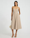 Express Women's Striped V-Neck Sleeveless Drop Waist Smocked Back Midi Dress in Brown Plaid