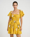 Express Women's Floral Square Neck Puff Sleeve Mini Dress in Mustard Yellow